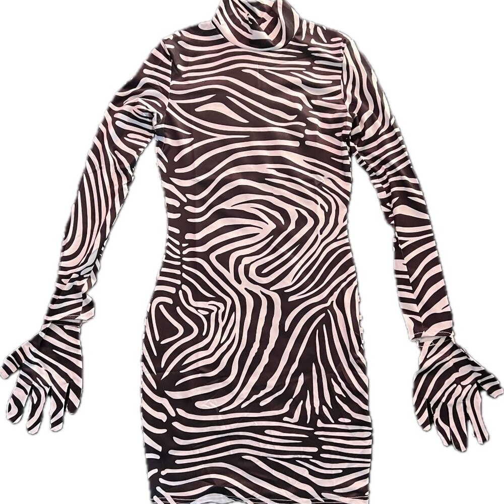 Long Sleeve with Gloves Mini Bodycon Zebra Print Dress